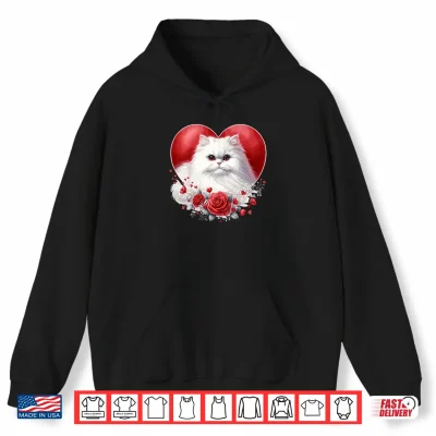 Hoodie My Cat Is My Valentine Cute White Persian Cat in a Heart Shirt