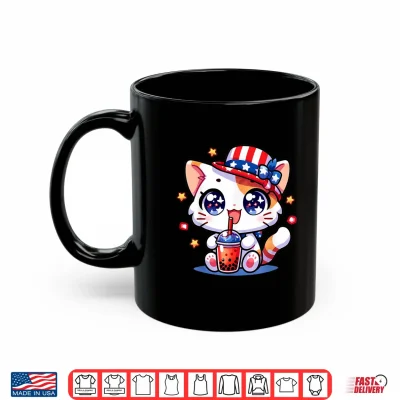 Mug Cute 4th of July Cat Shirt Girls Kids Kawaii Anime Boba Tea Shirt