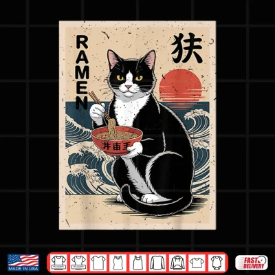 Design Funny Anime Tuxedo Cat Eating Ramen Noodle Mom Dad Toddler Shirt