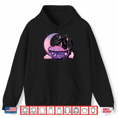 Hoodie Pastel Goth Aesthetic Kawaii Cat Eating Ramen Noodles Shirt