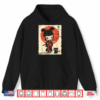 Hoodie Cute Kawaii Samurai Girl with Katana Cat Japanese Anime Shirt
