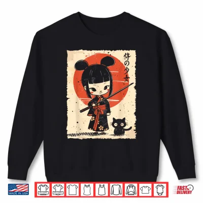 Sweatshirt Cute Kawaii Samurai Girl with Katana Cat Japanese Anime Shirt