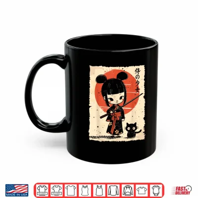 Mug Cute Kawaii Samurai Girl with Katana Cat Japanese Anime Shirt