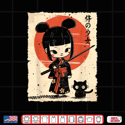 Design Cute Kawaii Samurai Girl with Katana Cat Japanese Anime Shirt