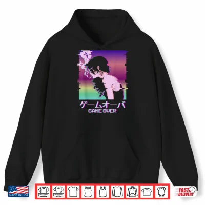 Hoodie Japanese Vaporwave Sad Anime Girl Game Over Aesthetic Shirt