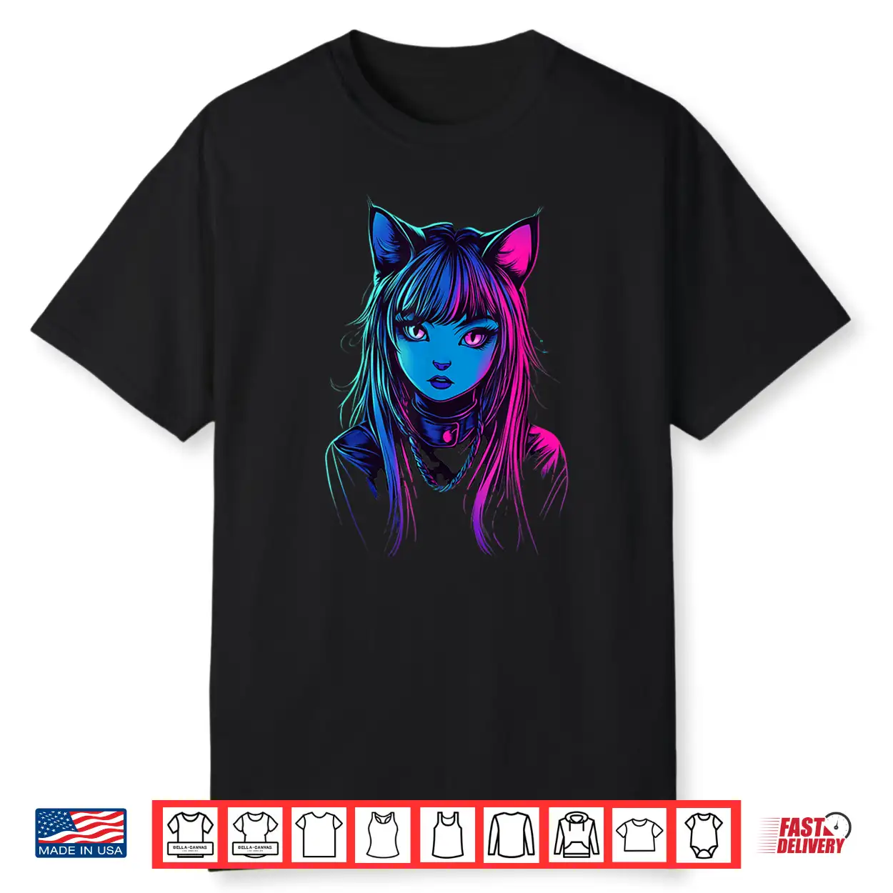 Neon Anime Cat Girl Furry Style Art For Teens Kawaii Cosplay Shirt