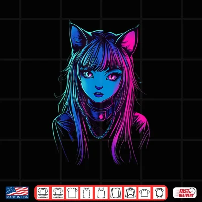 Design Neon Anime Cat Girl Furry Style Art for Teens Kawaii Cosplay Shirt