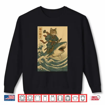Sweatshirt Vintage Anime Cat Japanese Funny Samurai Cat Riding Shark Shirt