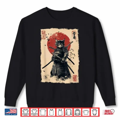 Sweatshirt Vintage Japanese Art anime graphic samurai cat warrior Shirt