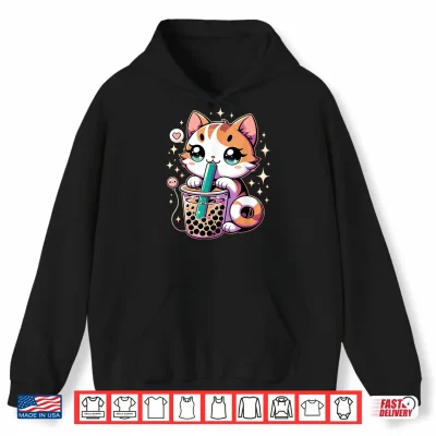 Hoodie Cat Boba Japanese Kawaii Anime Kitty Bubble Tea Neko Teen Shirt