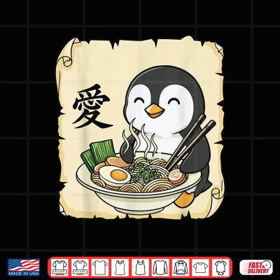 Design Funny Penguin Ramen Kawaii Anime Japanese Graphic Women Men Shirt