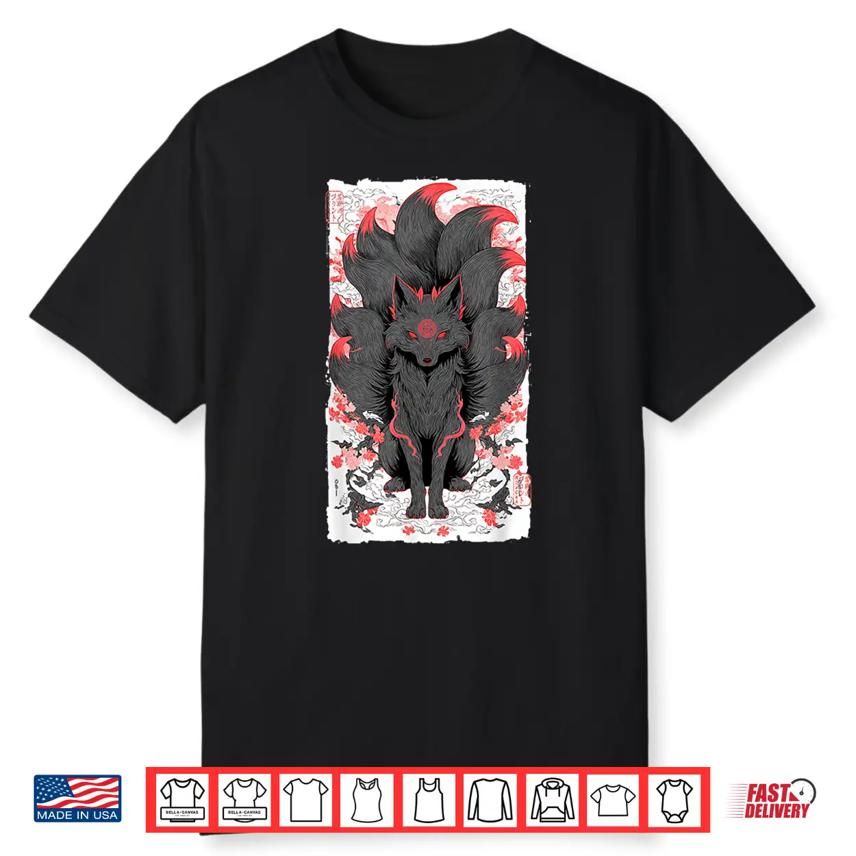 Japanese Nine Tailed Fox Kitsune Anime Mythology Art Shirt