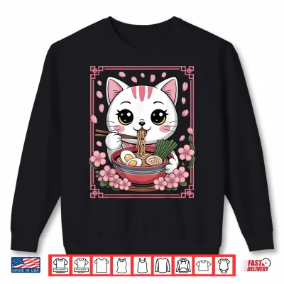 Sweatshirt Kawaii Cat Eating Ramen Noodles Japanese Anime Girls Teens Shirt
