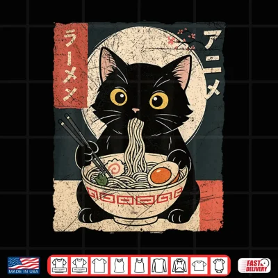 Design Kawaii Anime Cat Ramen Japanese Graphic Men Women Teens Shirt