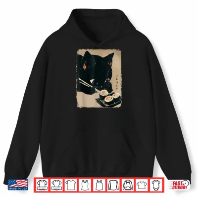 Hoodie Kawaii Cat Eating Sushi Funny Japanese Anime Cute Cat Girls Shirt