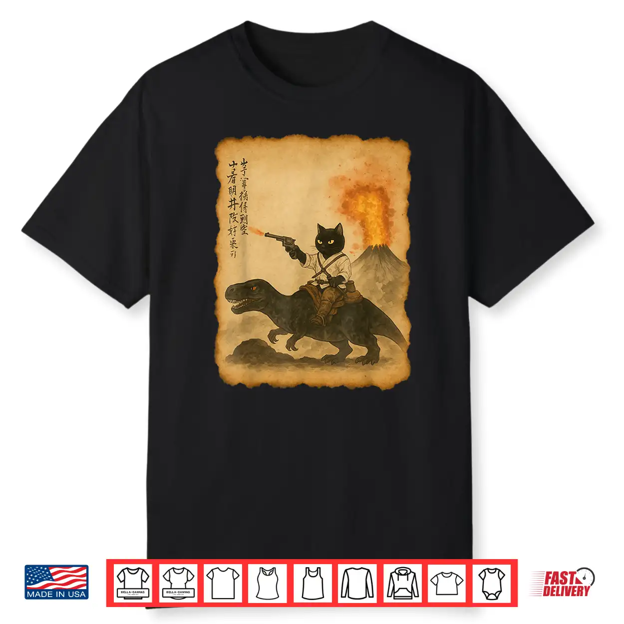 Calligraphy Cat Dinosaur Volcanic Eruption Unisex Anime Cat Shirt