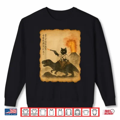 Sweatshirt Calligraphy Cat Dinosaur Volcanic Eruption Unisex anime cat Shirt