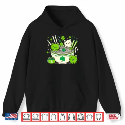 Hoodie Irish Ramen Cats Cute Anime St Patricks Day Women Girls Shirt