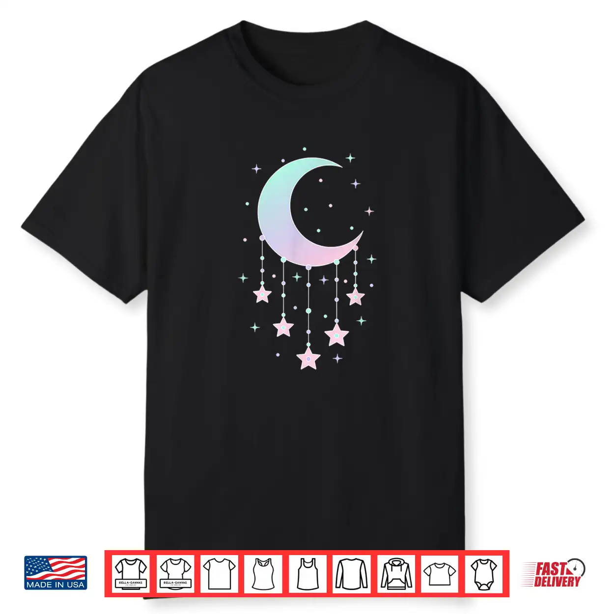 Kawaii Crescent Moon With Hanging Stars Pastel Anime Cute Shirt