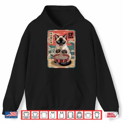 Hoodie Anime Siamese Cat Eating Ramen Noodle Funny Mom Dad Toddler Shirt