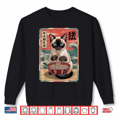 Sweatshirt Anime Siamese Cat Eating Ramen Noodle Funny Mom Dad Toddler Shirt