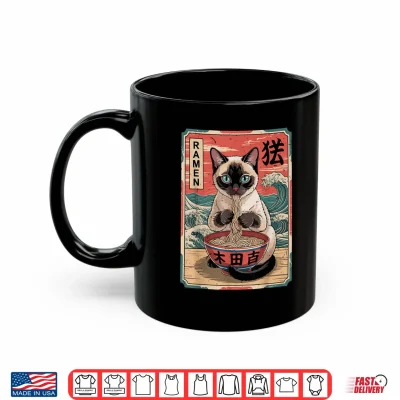 Mug Anime Siamese Cat Eating Ramen Noodle Funny Mom Dad Toddler Shirt
