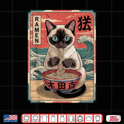 Design Anime Siamese Cat Eating Ramen Noodle Funny Mom Dad Toddler Shirt