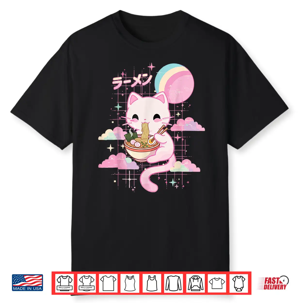 Cat Eating Ramen Kawaii Pink Anime Shirt