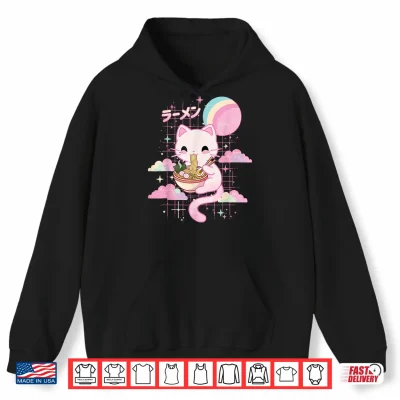 Hoodie Cat Eating Ramen Kawaii Pink Anime Shirt