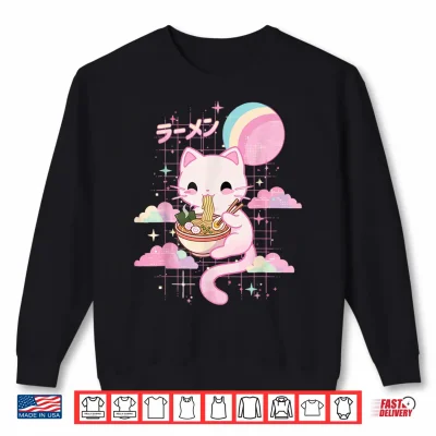 Sweatshirt Cat Eating Ramen Kawaii Pink Anime Shirt