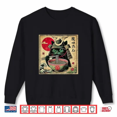 Sweatshirt Cat Ramen Japanese Funny Samurai Kawaii Cat Anime Girls Boys Shirt