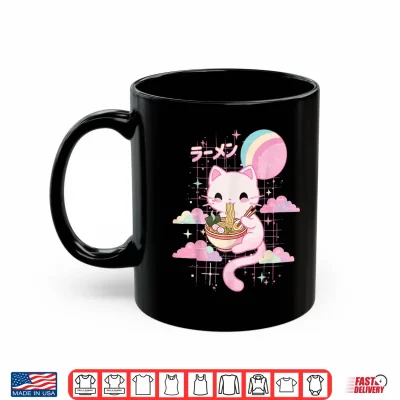 Mug Cat Eating Ramen Kawaii Pink Anime Shirt