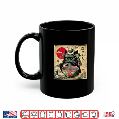 Mug Cat Ramen Japanese Funny Samurai Kawaii Cat Anime Girls Boys Shirt