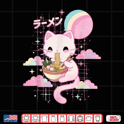 Design Cat Eating Ramen Kawaii Pink Anime Shirt