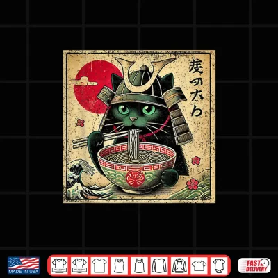 Design Cat Ramen Japanese Funny Samurai Kawaii Cat Anime Girls Boys Shirt