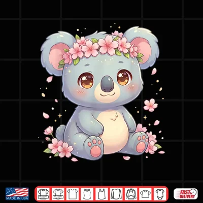 Design Cute Anime Koala with Cherry Blossoms Flower Kids Girls Boys Shirt