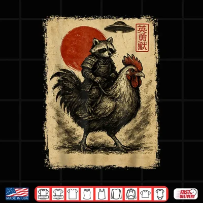 Design Funny Vintage Raccoon Rooster Chicken UFO Japanese Anime Shirt