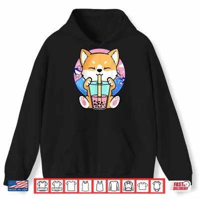 Hoodie Kawaii Corgi Dog Bubble Tea Boba Anime Neko Japanese Kids Shirt