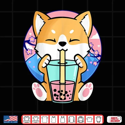 Design Kawaii Corgi Dog Bubble Tea Boba Anime Neko Japanese Kids Shirt