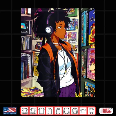 Design Anime Black girl Lofi Music 90s Retro Afro Cartoon Shirt