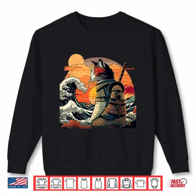 Sweatshirt Japanese retro samurai cat The Great Wave by Hokusai Shirt