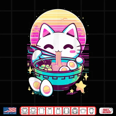 Design Anime Cat Eating Ramen Japanese Ramen Cat Japan Shirt