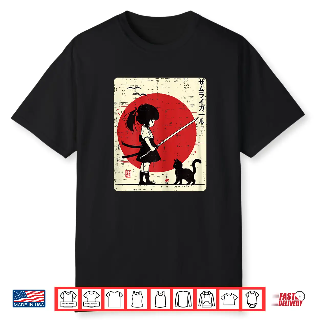 Japanese Samurai Girl Black Cat Kawaii Anime Girls Kid Women Shirt