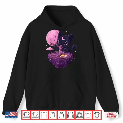 Hoodie Kawaii Pastel Goth Cat Eating Ramen Under Moon Japanese Shirt