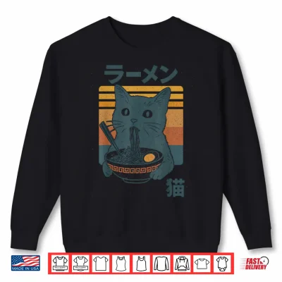 Sweatshirt Retro Cat Eating Ramen Noodles Anime Girls Boys Men Women Shirt