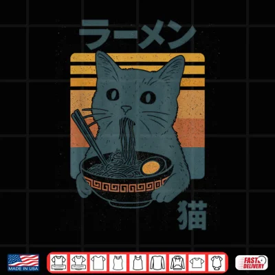 Design Retro Cat Eating Ramen Noodles Anime Girls Boys Men Women Shirt