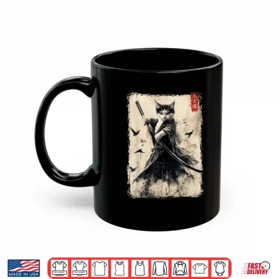 Mug Samurai Cat Graphic Tee Warrior Vintage Japanese Art Anime Shirt