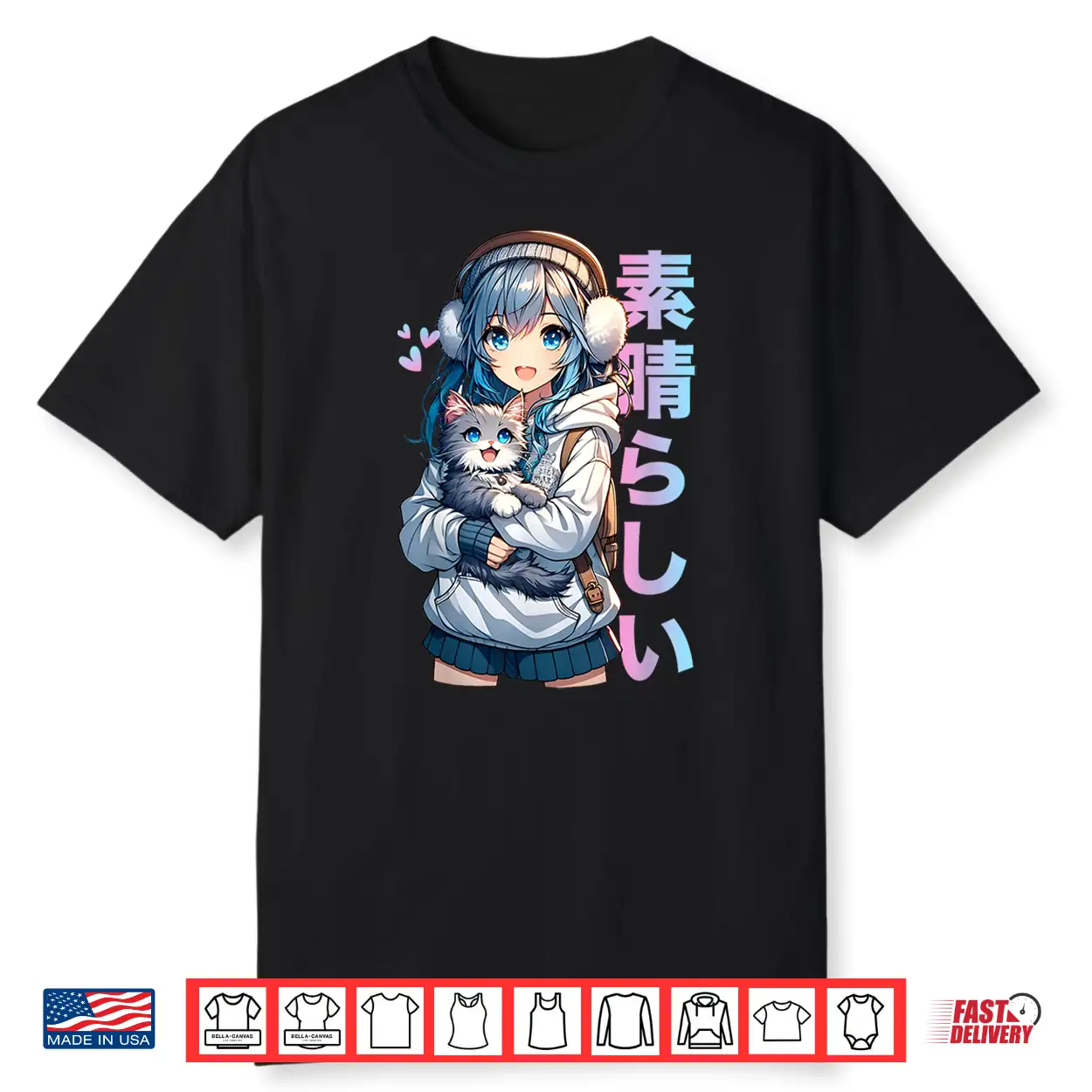 Cute Anime Girl With A Cat For Cat Lover Kawaii Otaku Manga Shirt