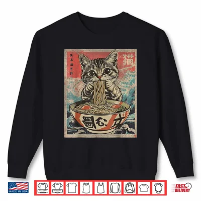 Sweatshirt Cat Eating Ramen Noodles Kawaii Anime Manga Japanese Food Shirt
