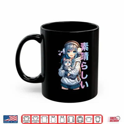 Mug Cute Anime Girl with a Cat for Cat Lover Kawaii Otaku Manga Shirt